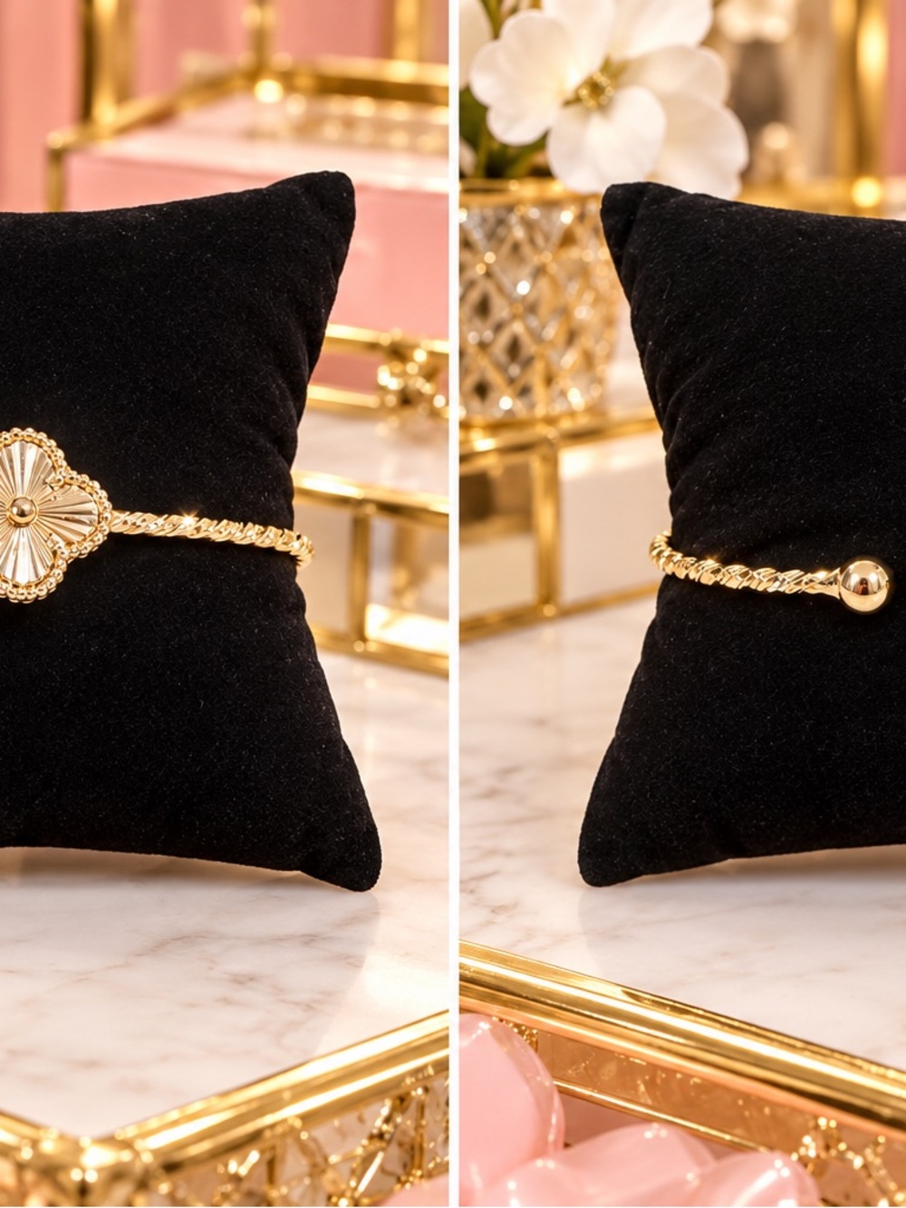Gold Braided Cuff Bracelet with Floral Medallion - Women's Jewelry